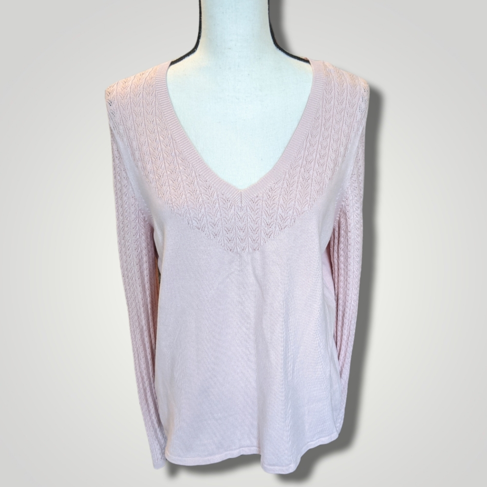 AT Studio Crochet Pink V Neck Silk and Cashmere Sweater Sz XL